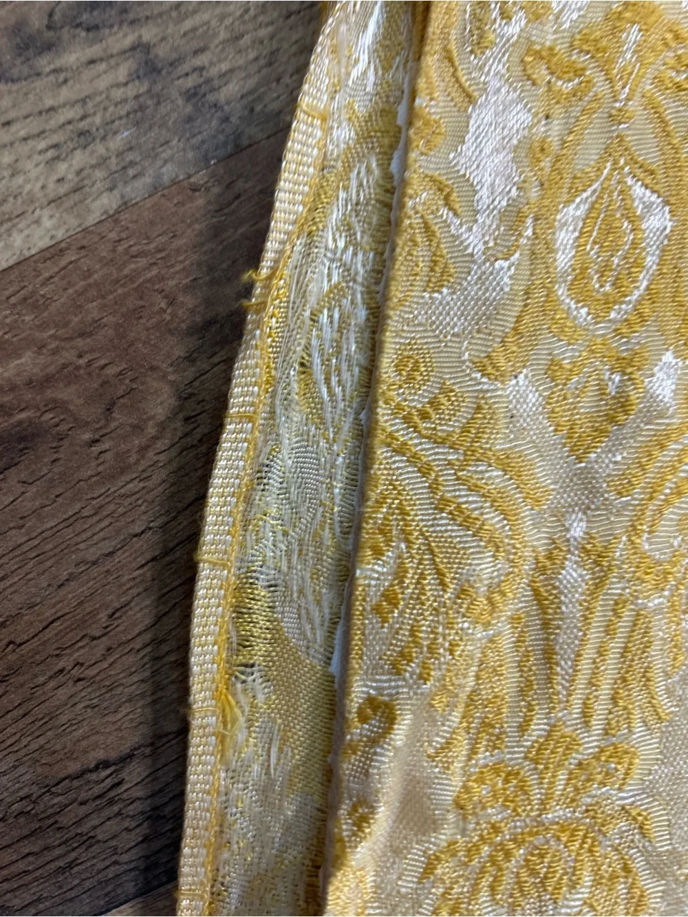 Vintage 5-Pc Yellow & Ivory Damask Curtain Set - 2 Panels, Valance, Tie-backs Po